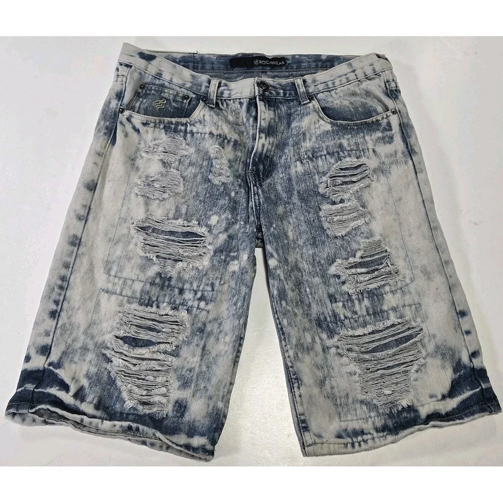 Rocawear Men Distressed Acid Wash Blue Denim Shorts Size 34 Baggy Y2K Jorts